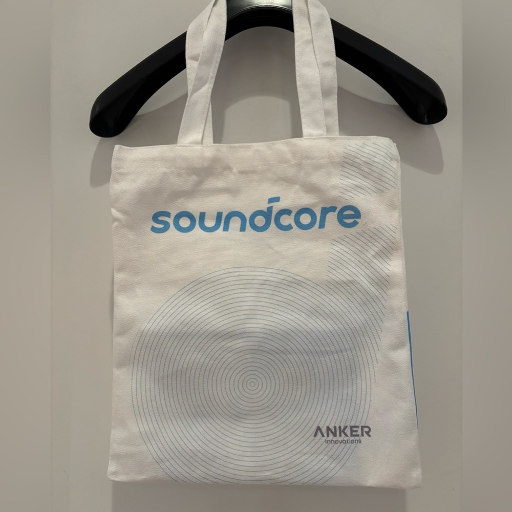 New Soundcore /Anker Canvas tote bag in white & blue Approx measurements 14”X12”